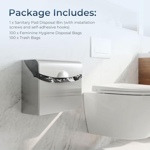 Sanitary Napkin Disposal Receptacle,9.4x7.8x3.5 inch Stainless Steel Wall Mounted Feminine Hygiene Waste bin with Disposable Sanitary Bags and Trash Bag Set for Bathroom,Office(Silver) - color: Silver