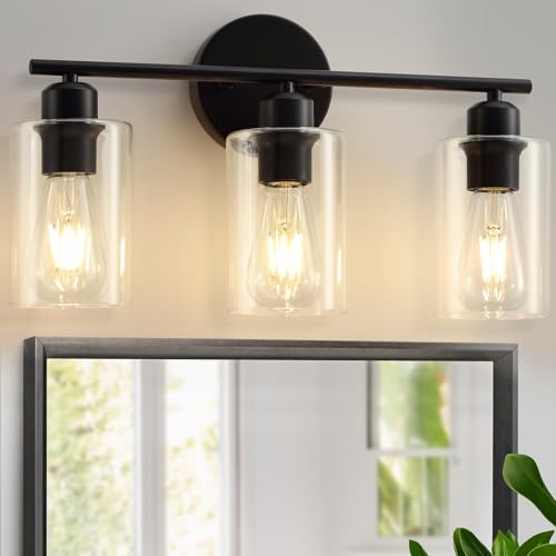 3 Light Bathroom Vanity Light, Black Vanity Lights for Bathroom, Modern Light Fixtures Over Mirror with Clear Glass Shade, Wall Sconce Lighting for Bedroom Living Room Hallway - color: Matte Black, size: 3 Light - 1 pack