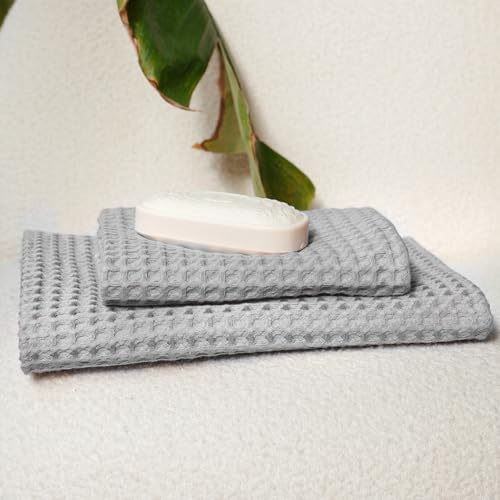 Lavien Home, 100% Cotton Waffle Weave Towels, Highly Absorbent, Quick Drying and Soft Textured (Gray, Bath Towel Set (2pc))