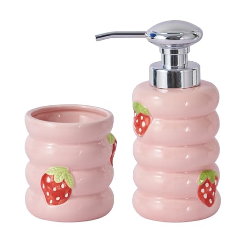 Pink Bathroom Accessories Set, 2PC Strawberry Soap Dispenser & Toothbrush Holder Set, Ceramic Bathroom Set, Cute Pink Bathroom Decor for Home, Housewarming Gifts - color: Pink