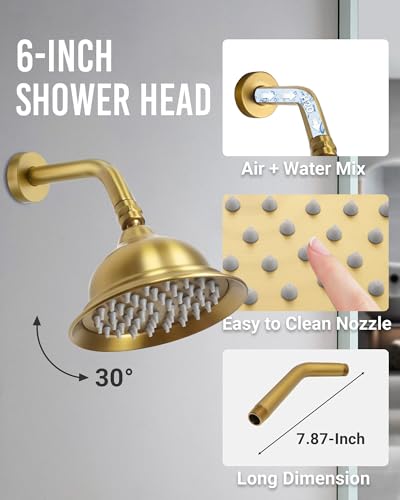 DASAN Antique Dual Shower Head Faucet Set, Brushed Gold Dual Rain Shower Head System Complete Double Head Shower Fixture Combo, 9'' & 6'' Dual Rainfall Overhead Shower with Handheld, Valve & Trim - color: Brushed Gold