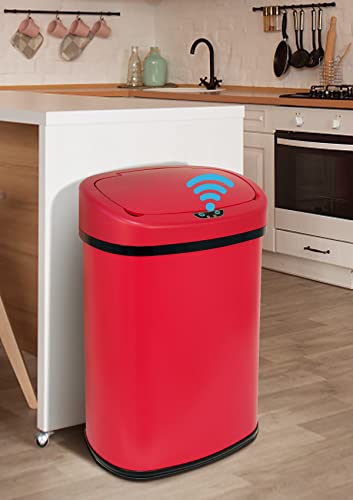 13 Gallon/50 L Kitchen Trash Can with Lid, Stainless Steel Garbage Can with Touch-Free Lid, Cute Trash Can Automatic Trash Can Bathroom Trash Can with Lid, Motion Sensor Trash Can Brushed Finish - color: Red