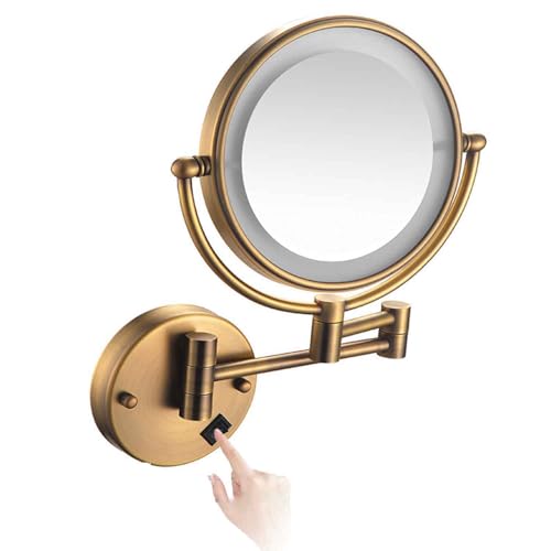 Wall Mounted Makeup Mirror with Lights,Double Sided 1X/10X Magnifying Vanity Mirror with Push Button Switch,360° Swivel Design, Extendable and Folding Arm - for Men and Women - color: Copper, size: Plugln
