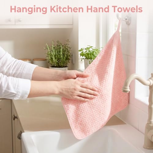 Onlup Small Towels with Hanging Loop, Hand Dry Towels | for Kitchen & Bathroom, Super Absorbent, Soft, Machine Washable Towel Fast Drying, Set of 5 - color: Beige, Pink, Purple, Gray, Blue