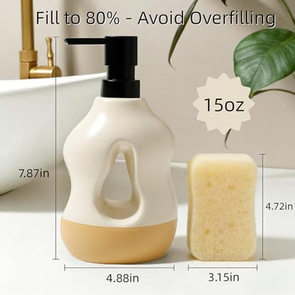 BosilunLife Ceramic Soap Dispenser - Soap Pump Dispenser Bathroom Kitchen Modern Farmhouse Elegant Refillable Soap Dispenser Lotion Hand Pump Dispenser for Kitchen Sink (Beige with Sand Base, 15oz) - color: Beige With Sand Base