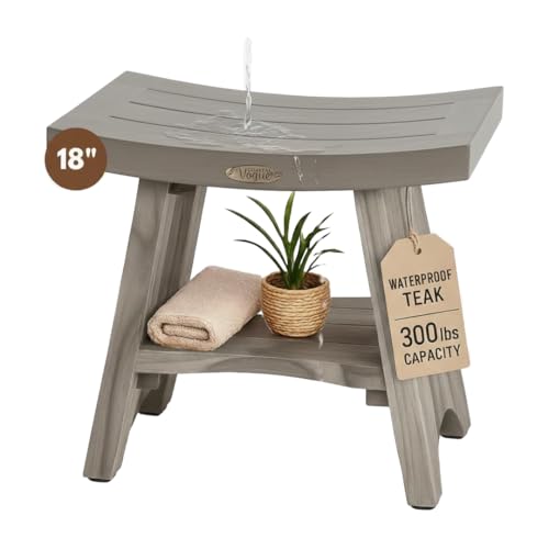 CoastalVogue 18 Inch Waterproof Teak Wood Shower Bench Stool Seat Chair For Inside Shower Provides Safety, Storage, and Organization For Bathroom Accessories Gray