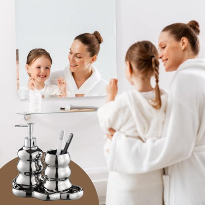 Silver Bathroom Accessory Set, 3-Piece Ceramic Bath Accessories Set with Tray, Lotion Dispenser, and Tumbler - color: Silver