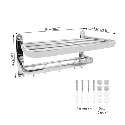 Foldable Towel Rack,Towel Hanger Towel Shelf with Double Towel Bars and Movable Hooks for Bathroom Lavatory,TTZEZE SUS304 Rustproof Modern Brushed Finish Towel Holder Wall Mount Silver (48cm/18.9'') - size: 48cm/18.9''