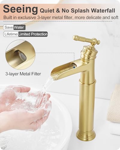 Gold Vessel Sink Faucet, Brass Waterfall Tall Faucet for Bathroom Sink 1 Hole with Single Handle, Pop-up Drain & cUPC Water Hoses for Antique Bowl Basin Save Water - color: Brushed Gold - Elegant