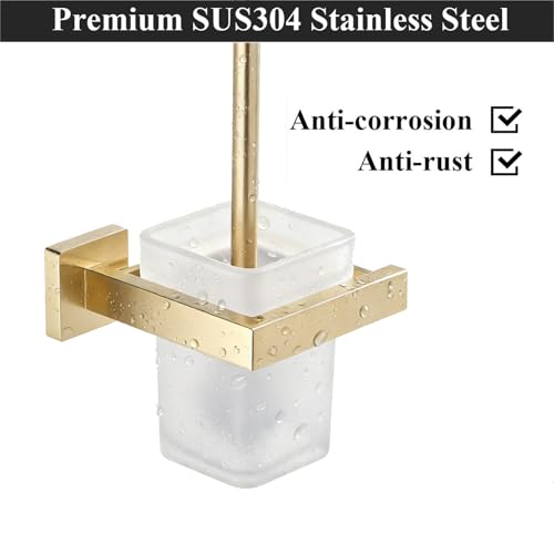 Brushed Gold Toilet Brush and Holder Set, NEWRAIN Wall Mounted Toilet Bowl Brush with Long Handle, Stainless Steel Toilet Brushes for Bathroom-Space Saving - color: Brushed Gold