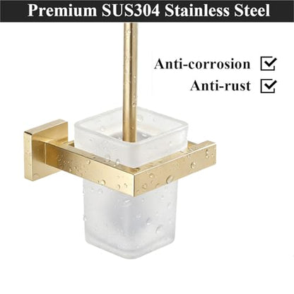 Brushed Gold Toilet Brush and Holder Set, NEWRAIN Wall Mounted Toilet Bowl Brush with Long Handle, Stainless Steel Toilet Brushes for Bathroom-Space Saving - color: Brushed Gold