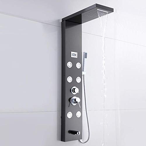 Black Shower Panel System Digital Display Shower Panel Tower Multifunction Stainless Steel Shower System with Rain Shower Head, Handheld Sprayer, Massage Body Jets, Tub Spout