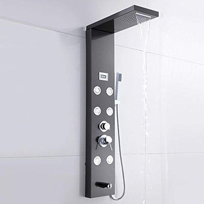 Black Shower Panel System Digital Display Shower Panel Tower Multifunction Stainless Steel Shower System with Rain Shower Head, Handheld Sprayer, Massage Body Jets, Tub Spout