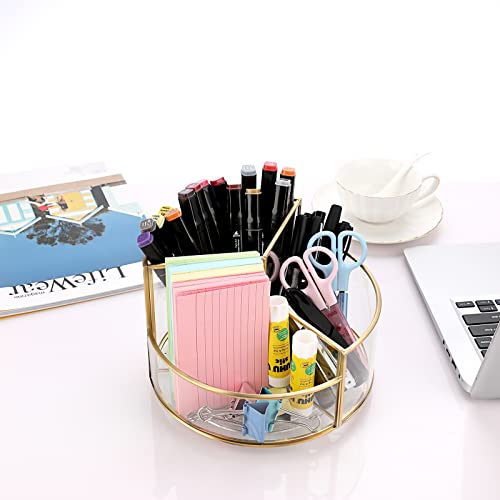 Hipiwe 360° Rotating Makeup Organizer 3-Slot Gold Glass Vanity Holder | Round Spinning Cosmetic Display Case Dresser Bathroom Organizers for Prefume Makeup Bushes Lipsticks Storage - style: Round,3-Slot