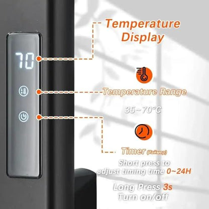 MOS Matte Black Electric Heated Towel Rack | Wall Mounted Towel Warmer with Digital Temperature Control Top Shelf Hooks Stainless Steel Towel Dryer for Bathroom - size: 21*66