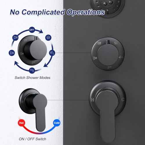 ROVATE 5 in 1 LED Rainfall Waterfall Shower Panel, Matte Black | High Pressure Stainless Steel Shower Tower with 4 Angle Adjustable Body Jets, Flexible Handheld, Waterfall Tub Spout