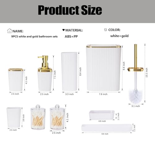 9 PCS White Bathroom Accessories Set with Trash Can Bathroom Accessory | All-in-One Kit with Trash Can,Toothbrush Holder,Soap Dispenser,Toothbrush Cup,Vanity Tray,Soap Dish,Toilet Brush etc for Home - color: White