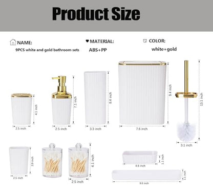 9 PCS White Bathroom Accessories Set with Trash Can Bathroom Accessory | All-in-One Kit with Trash Can,Toothbrush Holder,Soap Dispenser,Toothbrush Cup,Vanity Tray,Soap Dish,Toilet Brush etc for Home - color: White