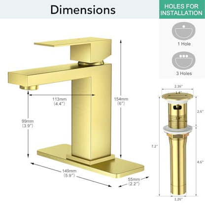 Faustina Light Gold Bathroom Faucet, Single Handle Stainless Steel Bathroom Vanity Faucet with Metal Pop-Up Drain & Deck Plate for 1 or 3 Hole - color: Gold, style: Classic