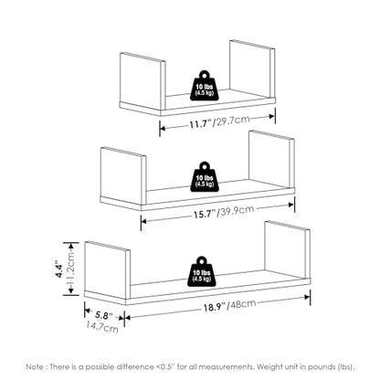 U-Shape Set of 3 Rectangular Wall Mounted Shelves, Wall Shelf Set with 11.7 x 15.7 x 18.9 Width, Floating Shelves for Wall, for Home Office, Living Room, Bathroom, Marble White - color: Marble White