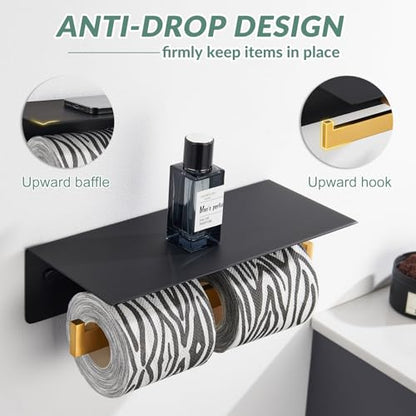 Double Toilet Paper Holder with Phone Shelf, 304 Stainless Steel Bathroom Tissue Hanger, Wall Mounted Dual Roll Paper Dispenser, Black & Gold - color: Black With Gold, size: Double Rod