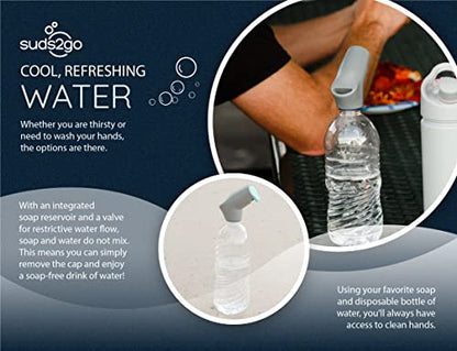 Refillable Caps, 2 Pack - Universal Fit Turns Most Disposable Water Bottles Into A Hand Washing Station - Includes Refillable Soap Reservoir - Conveniently Sized to Take on The Go - color: Gray