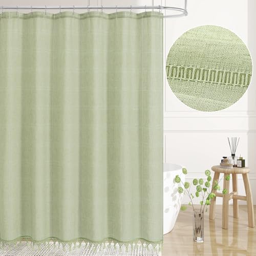 Extra Long Linen Farmhouse Shower Curtain with Tassel, Modern Boho French Country Chic Bathroom Shower Curtain Set with PEVA Liner, Cotton Luxury Fabric Shower Curtain 72x84 - Green - color: Green, size: 72"W x 84"L (Pack of 1)