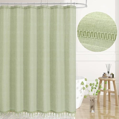 Extra Long Linen Farmhouse Shower Curtain with Tassel, Modern Boho French Country Chic Bathroom Shower Curtain Set with PEVA Liner, Cotton Luxury Fabric Shower Curtain 72x84 - Green - color: Green, size: 72"W x 84"L (Pack of 1)