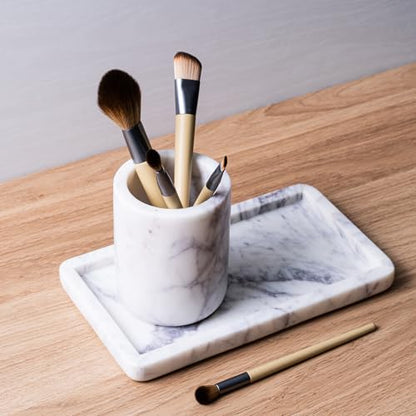 Cork & Mill Marble Toothbrush Holder Cup for Bathroom Countertop | Real White Stone, Decorative Organizer for Tooth Brush and Toothpaste, Aesthetic Vanity Accessory