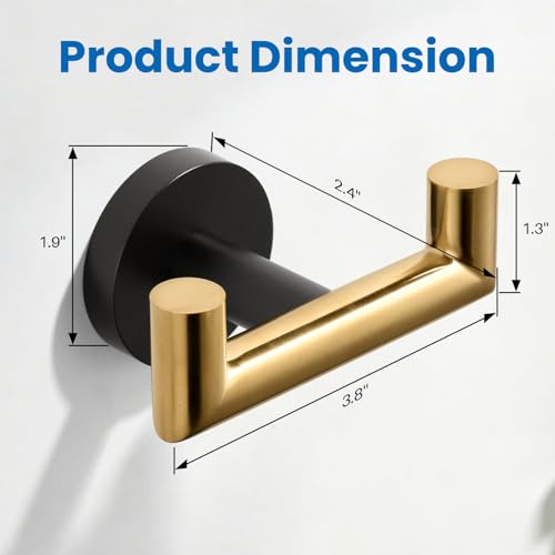 Shower Towel Hook, Wall Mount Robe Hook Holder, Black Gold | Stainless Steel Material, Double Hooks Design, Rust-Resistant, Strong Load-bearing Capacity - color: Black & Gold