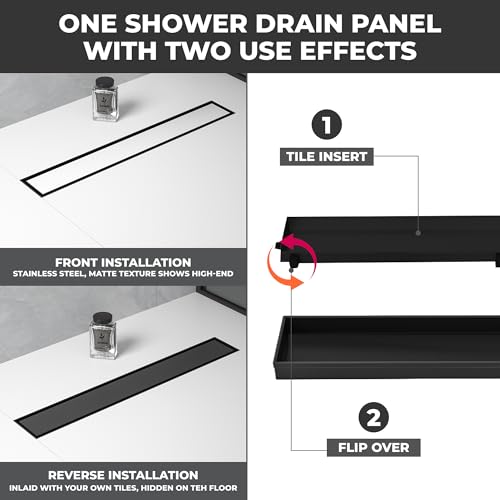 24-Inch Linear Shower Drain - 304 Stainless Steel | Reversible 2-in-1 Flat & Tile Insert Cover, Rectangular Floor Drain Set with Hair Catcher & Adjustable Leveling Feet - color: Matte Black, size: 24 Inch