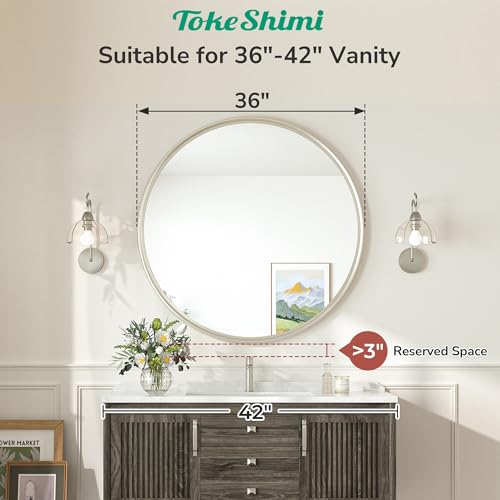 36 in Round Brushed Nickel Mirror, Tempered Shatterproof Circle Wall Mirror, Farmhouse Metal Mirrored for Restroom, Entryway, Bedroom, Vanity, Living Room - size: 36"L x 36"W