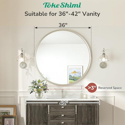 36 in Round Brushed Nickel Mirror, Tempered Shatterproof Circle Wall Mirror, Farmhouse Metal Mirrored for Restroom, Entryway, Bedroom, Vanity, Living Room - size: 36"L x 36"W