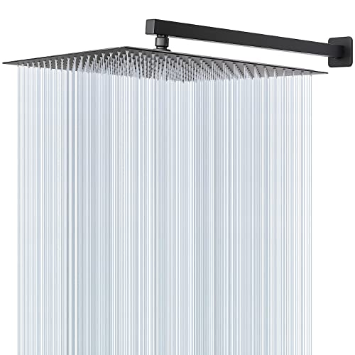 Shower Head with Extension Arm, High Pressure Square with ShowerArm, Stainless Steel Rainfall-Waterfall Full Body Coverage (16'' Shower with 20'' Arm, Matte Black) - color: Matte Black, size: 16'' Shower with 20'' Arm