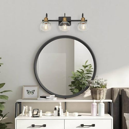 KSANA Farmhouse Bathroom Light Fixture, Modern Black Gold 3-Light Vanity Light with Opening Clear Glass Shade, Modern Antique Brass Wall Lamp Over Mirror - color: Black Gold, size: 3-Light Opening Bathroom Vanity Light