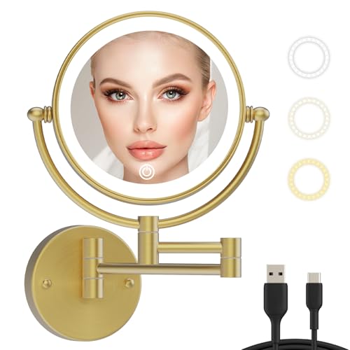 Brass Wall Mounted Mirror Swing Arm with Light and Magnification 10X | Upgrade Brightness & 3 Color LED, Touch Screen Dimmable, Rechargeable Home Personal Magnifying Makeup Bathroom, Brushed Gold - color: Brushed Gold