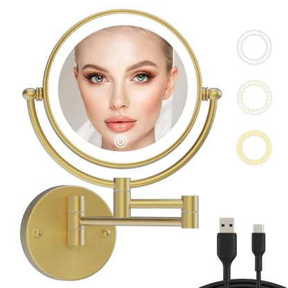 Brass Wall Mounted Mirror Swing Arm with Light and Magnification 10X | Upgrade Brightness & 3 Color LED, Touch Screen Dimmable, Rechargeable Home Personal Magnifying Makeup Bathroom, Brushed Gold - color: Brushed Gold