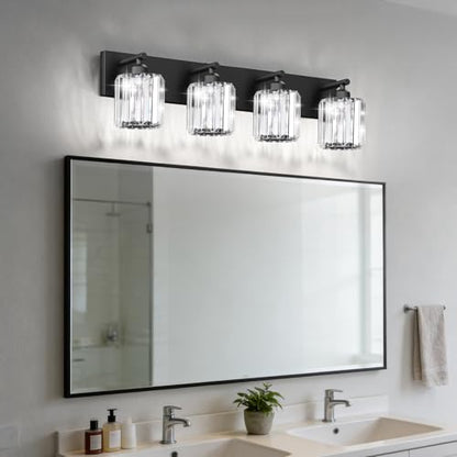 Black Crystal Bathroom Vanity Light, 4-Light Modern Bathroom Lighting Fixtures Over Mirror, Matte Black Wall Sconce Light Fixtures with Round Shade - color: Black-Round Shade, size: 4-LIGHT