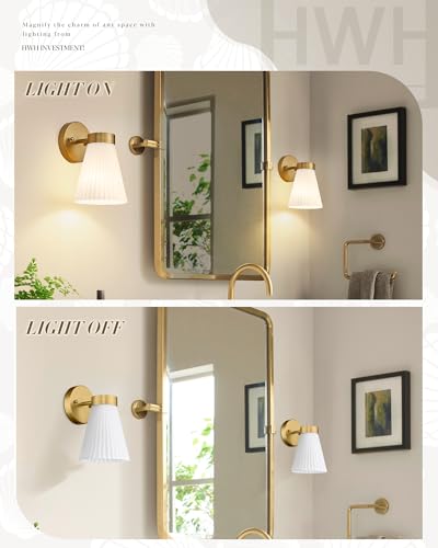 Gold Wall Sconces Set of Two, HWH Modern Bathroom Vanity Sconce Wall Lighting Indoor Wall Lamp with Frosted White Striped Glass, 5HZG97B-2PK BG - color: Brushed Gold, size: 1-Light*2