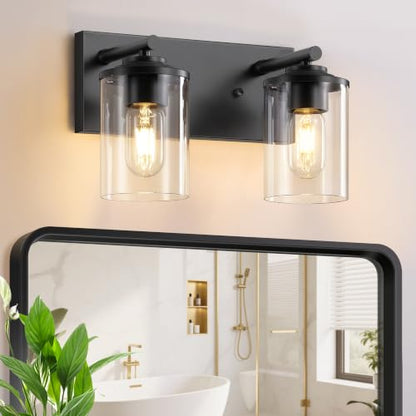 2-Light Black Bathroom Vanity Light, Modern Bathroom Lighting Fixtures with Clear Glass Shade, Bathroom Wall Mounted Lamps for Mirror, Living Room, Bedroom, E26 Socket - size: 2-Light
