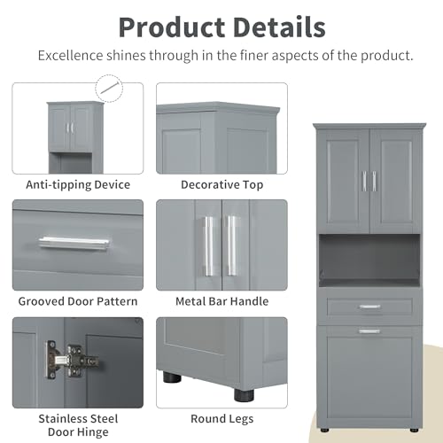 JIVOIT 70" H Tall Bathroom Cabinet with Laundry Basket, Double Cabinets with Doors and Open Storage Space, Tilt-Out Laundry Hamper and Upper Storage Cabinet (Grey * 102) - color: Grey * 102