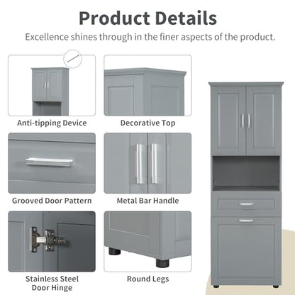 JIVOIT 70" H Tall Bathroom Cabinet with Laundry Basket, Double Cabinets with Doors and Open Storage Space, Tilt-Out Laundry Hamper and Upper Storage Cabinet (Grey * 102) - color: Grey * 102