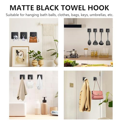 Adhesive Towel Hook 8Pack Matte Black, Modern Style Stainless Steel Wall Hooks Stick for Clothes, Hat, Towel Robe Hook Rack Wall Mount, Thicken Holder for Home Bathroom Kitchen