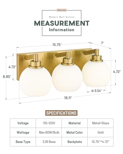 Bathroom Light Fixtures, 3-Light Brushed Gold Vanity Light, Modern Wall Sconces with Milk White Globe Glass Shade, Vanity Lighting Fixtures Over Mirror, VL195-BG-ML-3 | 18" modern bathroom light fixtures over mirror, E26 base, bulbs not included, VL195-BG