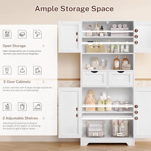 Iwell Tall Storage Cabinet with Adjustable Shelf & 2 Drawers, Kitchen Pantry Cabinet, Pantry Cabinets with 4 Doors, Tall Cabinets for Living Room, Kitchen, Bathroom, White - color: White-4 Shelves