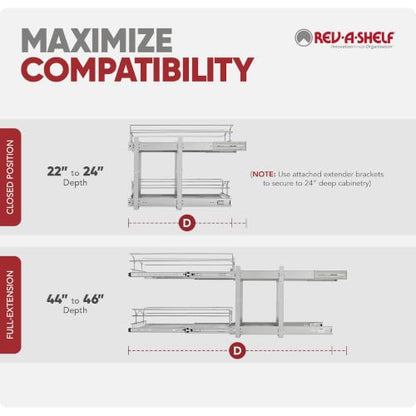 Rev-A-Shelf 2-Tier Pullout Shelf and Drawer Organizer for Kitchen Cabinets, Slide Out Storage Basket, Min Opening Width of 8.5", 9" x 22", 5WB2-0922CR-1 - size: 9" W x 22"D, style: Two Tier