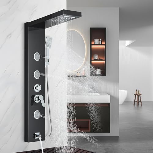 AlenArt Shower Panel Tower System, Multi Function Shower System with Body Jets, Handheld Sprayer, Rainfall Waterfall Shower Head and Tub Spout Stainless Steel Wall Mount Shower Panels Black - color: Black