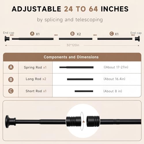 Black Tension Curtain Rod 24 to 64 Inch(2-5.3ft) - Spring Tension Shower Curtain Rod, No Drilling Tension Rod for Curtains Windows Closet Kitchen - color: Black, size: 24-64 Inches