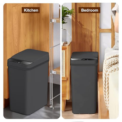 Yatmung 4 Gallons Bathroom Trash Can Automatic Touchless - Smart Trash Can | 15.5 Liters Slim Electric Trash Bin Motion Sensor - Narrow, Plastic - Skinny Garbage Can with Lid ( Matte Black ) - color: Black, size: 4 Gal