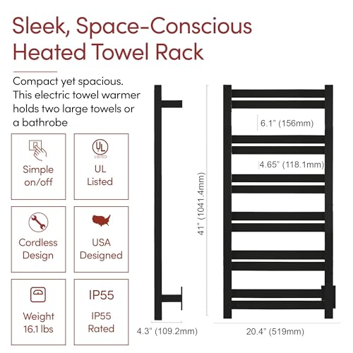 WarmlyYours Grande Heated Towel Rack, 12 Bars, Matte Black | Wall-mounted electric towel warmer rack and dryer, 120V hardwired, flat heated bars for towels and bathrobes - color: Matte Black, size: 12 Bars